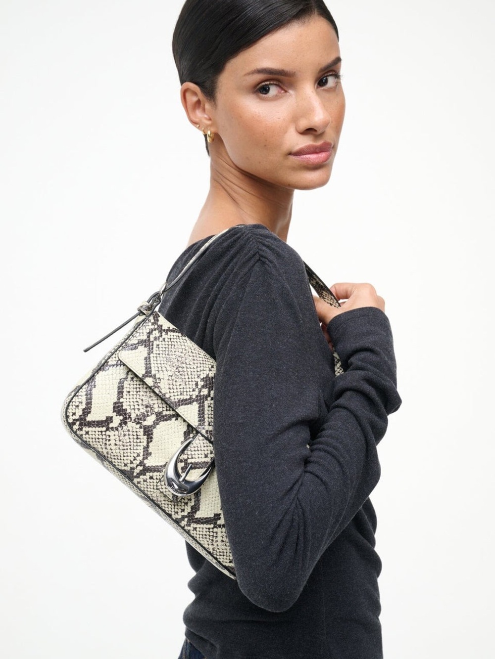Staud Harlow Snakeskin Print Leather Shoulder Bag Y2K Modern Silver Cream Black - Picture 2 of 7